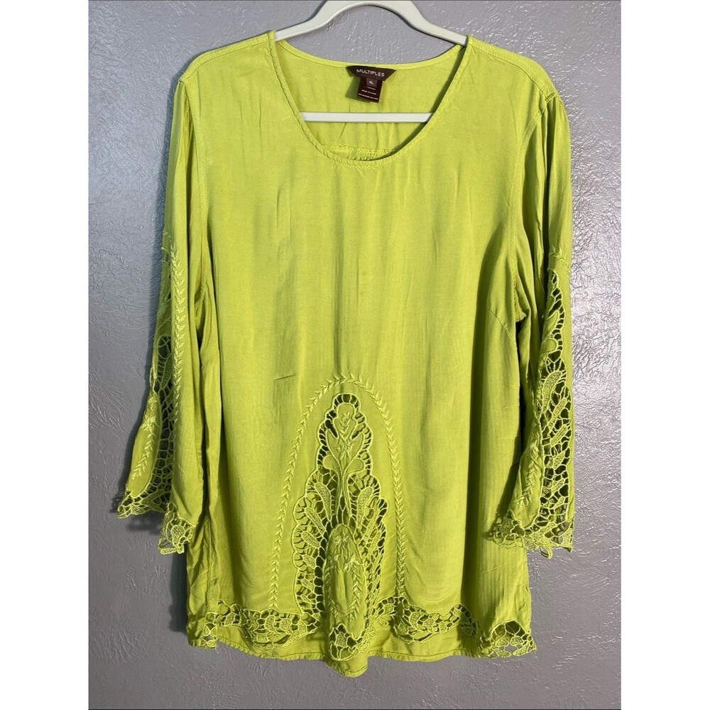 Multiples Crochet Lace Tunic Top Women's XL Lime Green Boho Lagenlook Artisan